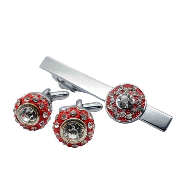 Retro Red Enamel Cufflinks Tie Clip Clasp Pave Crystal Silver Tone Ball Bold - Picture 4 of 8
